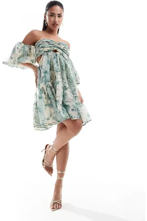 ASOS Bardot puff sleeve cut out voile mini dress in floral print