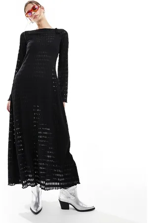 Monki Open knitted pointelle beach maxi dress with long sleeves and open back in
