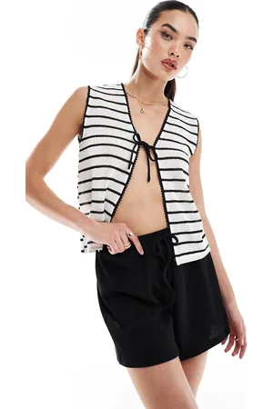 VILA Knitted tie front waistcoat in mono stripe