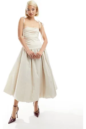 Amy Lynn Alexa shoulder tie puffball midi dress in milk