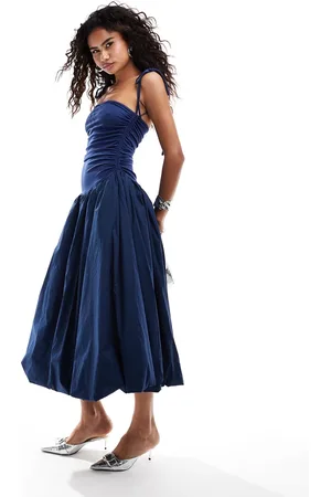 Amy Lynn Alexa shoulder tie puffball midi dress in navy