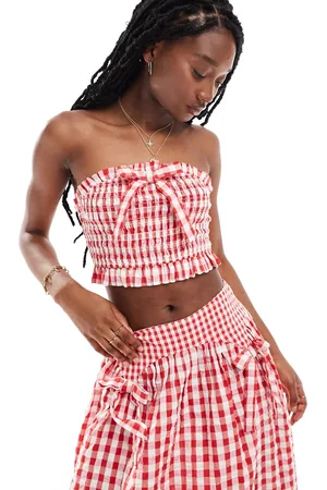 Neon Rose Shirred gingham bandeau crop top co-ord in