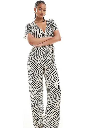 JDY Tie waist wide leg jumpsuit in mono zebra