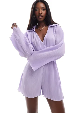 In The Style Exclusive plisse long sleeve wrap shirt playsuit in lilac