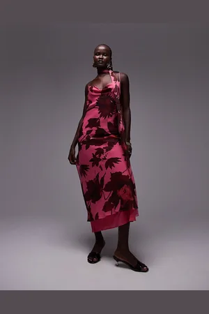 Topshop Chiffon cowl slip midi dress in oversized floral print with scarf
