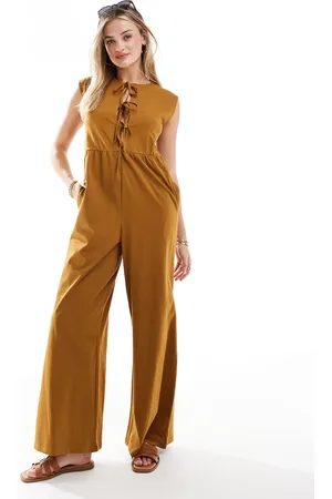 ASOS Tie front wide leg jumpsuit in brown