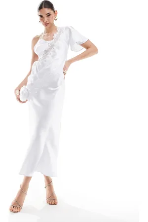 ASOS Satin lace insert one sleeve maxi dress with cross back in light blue