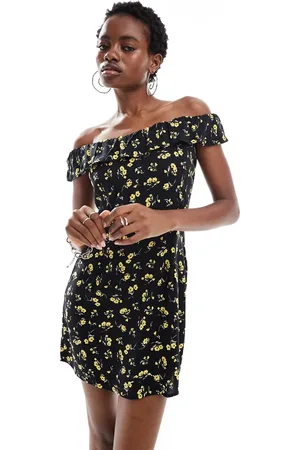Motel Exclusive yudia off-shoulder buttercup print mini dress in black and