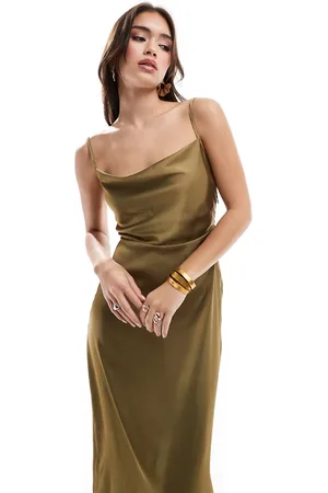 VILA Bridesmaid satin cowl neck cami maxi dress in olive