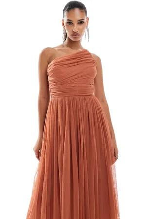 Lace & Beads Bridesmaid one shoulder tulle midi dress in terracotta rose