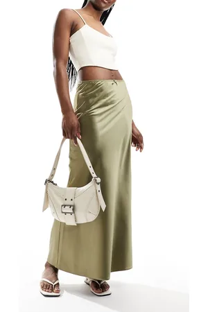 Miss Selfridge Satin trim detail bias maxi skirt in khaki