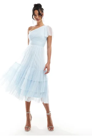 Lace & Beads Bridesmaid Madison one shoulder tulle midi dress in sky