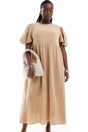 ASOS ASOS DESIGN Curve double cloth midi smock dress with puff ball sleeves in sand