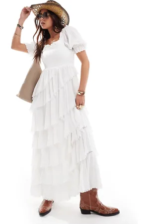 Miss Selfridge Textured asym hem tiered maxi dress in