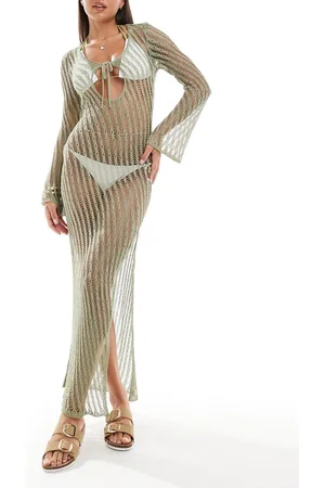 ASOS Long sleeve tie front knit maxi beach dress in sage