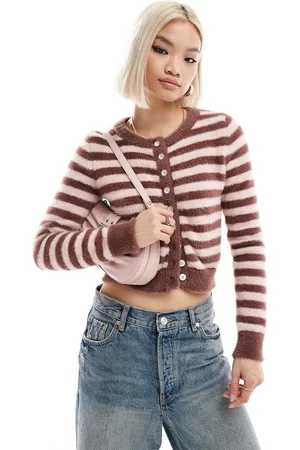 Daisy Street Micro button up knit cardigan in pink brown stripe