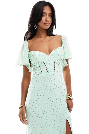 ASOS ASOS DESIGN Petite satin corset detail chiffon bias maxi dress with flutter sleeve in micro spot