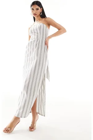Kaiia Bandeau oversized tie detail maxi dress in cream stripe