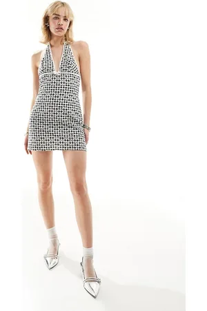 Motel Corla floral gingham halter mini dress in black