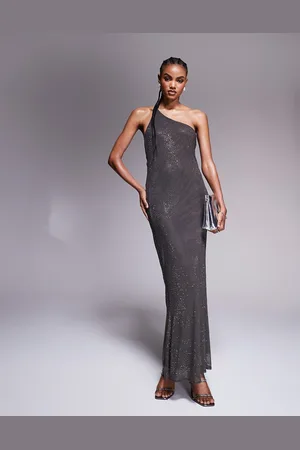 ASOS Artwork hotfix one shoulder maxi dress with open back in charcoal