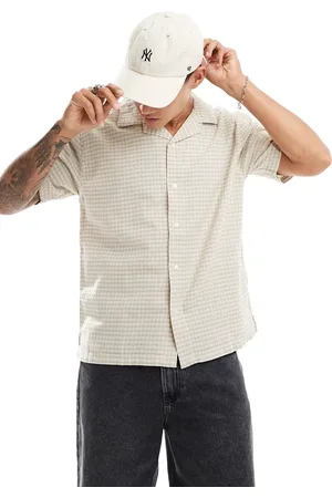 Abercrombie & Fitch Short sleeve gingham revere collar shirt in tan