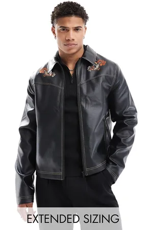 ASOS Faux leather harrington jacket with floral embroidery in