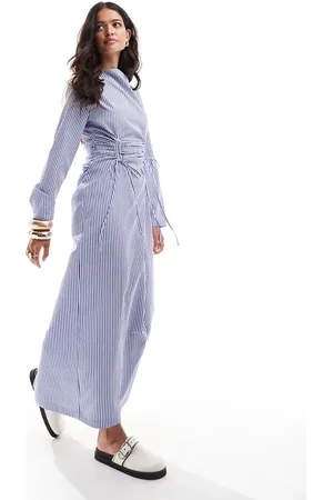 ASOS Drawstring ruched front maxi dress in blue stripe