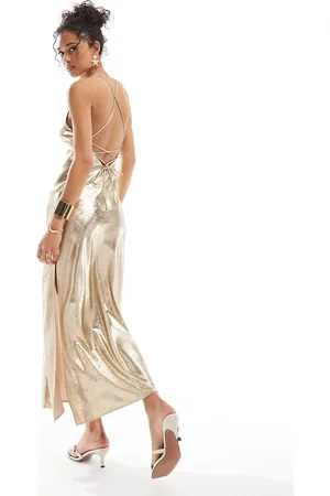 Miss Selfridge Metallic lace up back detail strappy maxi dress in