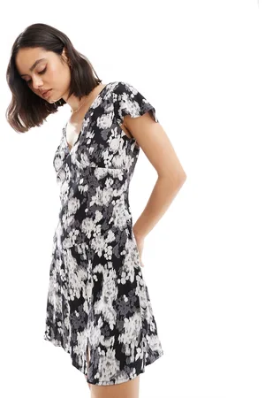 ASOS V neck flutter sleeve mini tea dress in mono blurred floral print