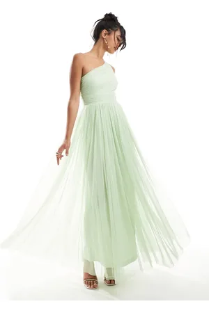 Lace & Beads Bridesmaid one shoulder tulle maxi dress in sage