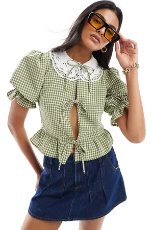 Miss Selfridge Collared tie front blouse in gingham khaki