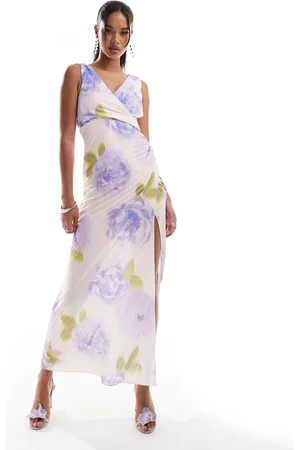 ASOS Twist shoulder v-neck pleated maxi dress in lilac floral print