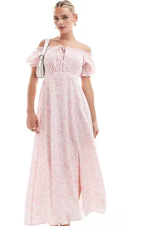 Miss Selfridge Puff sleeve bardot maxi dress in pink floral