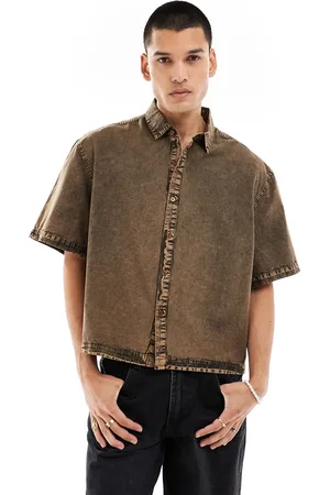 COLLUSION Boxy short sleeve shirt contrast tape and embroidery in washed khaki