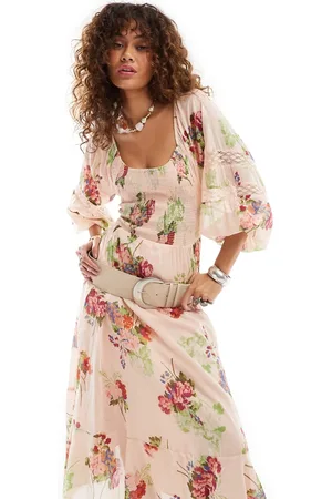 Free People Rose floral print shirred boho midaxi dress in