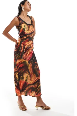 ASOS Bias slip midi dress with rib neck in abstract print