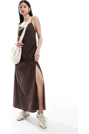 Monki Maxi dress with strappy open back and split leg in dark