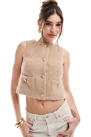 4th & Reckless Boucle sleeveless vest with gold button detail in camel