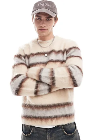 ASOS Fluffy knitted jumper in ecru and brown stripe