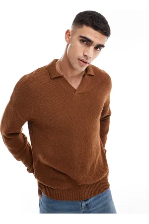 ASOS ASOS DEISGN relaxed knitted notch neck texture jumper in tan