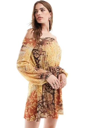 ASOS Mesh bandeau blouson sleeve flippy mini dress in boho print