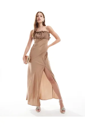 ASOS Contrast frill bodice satin maxi dress with thigh split in mocha