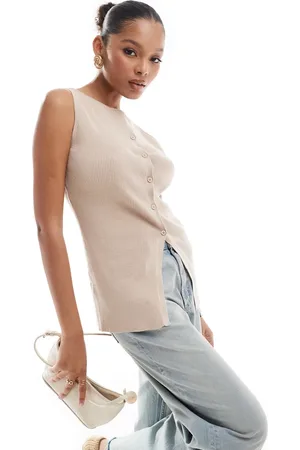 ASOS Knitted slash neck waistcoat with front split in taupe