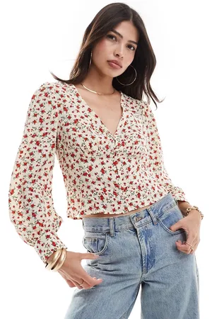 Brave Soul V neck floral long sleeve blouse in cream and red