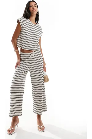 River Island Stripe knitted wide leg trouser co-ord in cream