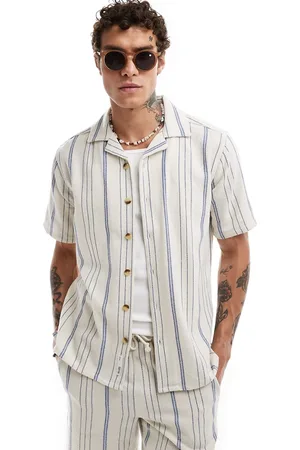 Only & Sons Revere collar woven shirt co-ord in beige & stripe