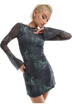 Motel Sevila botanical print long sleeve dress in faded green
