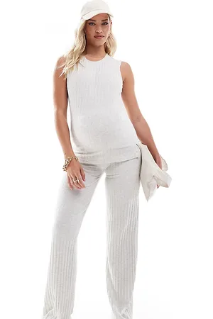 Mama;licious Mamalicious Maternity over the bump ribbed jersey wide leg trouser co-ord in cream melange