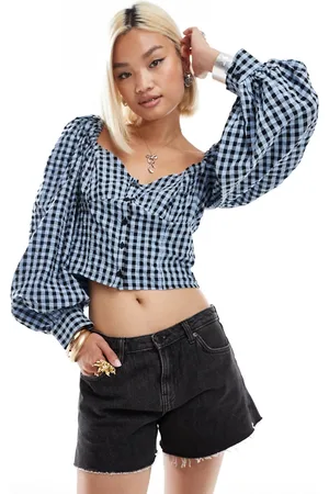 Monki Long sleeve seersucker button front blouse in black and dark check gingham