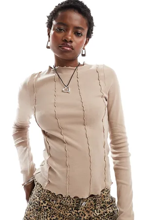 Noisy May Lettuce edge long sleeve top with seam detail in beige